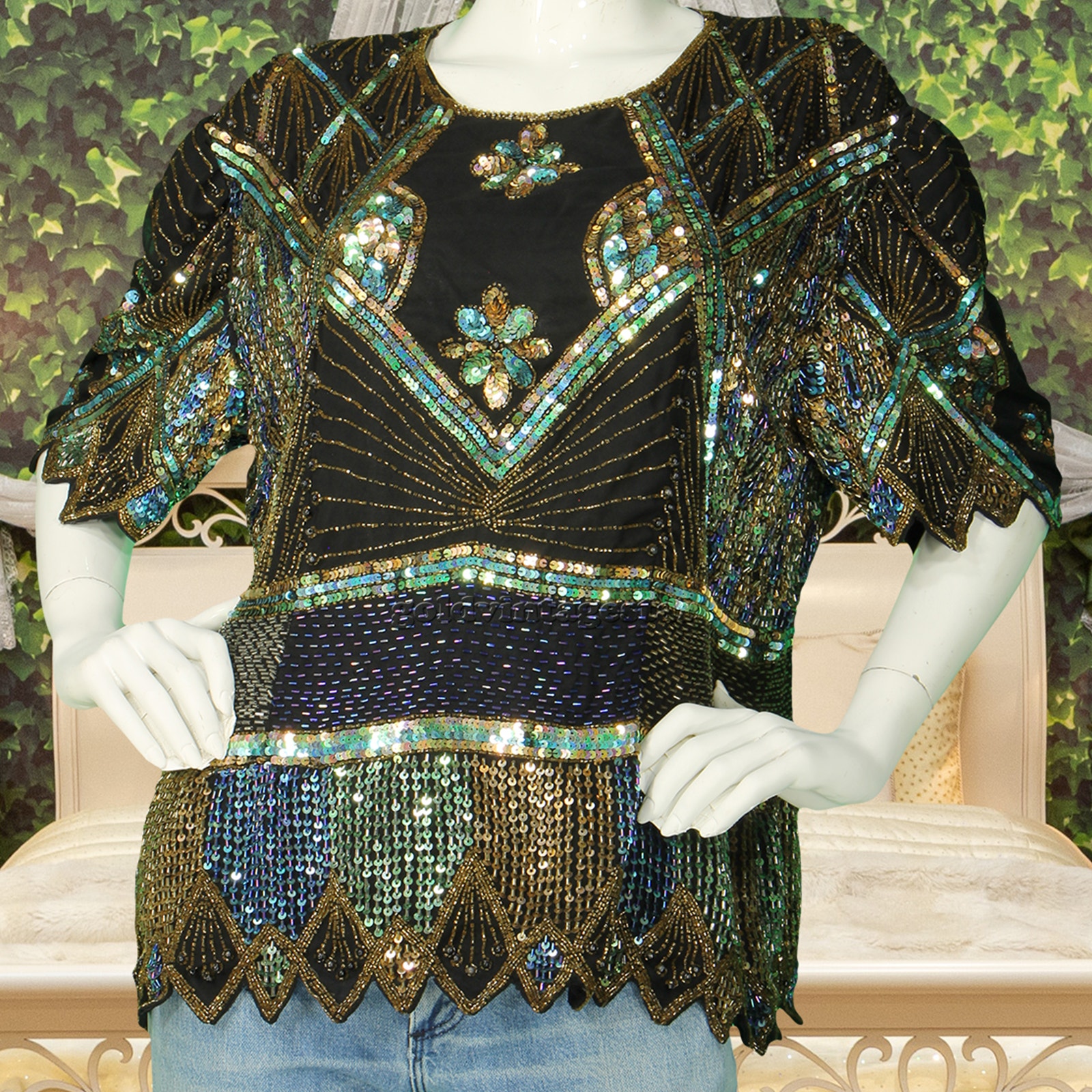 Vintage Birjand Beaded Sequin Silk Party Evening Dinner Cocktail Art Shirt